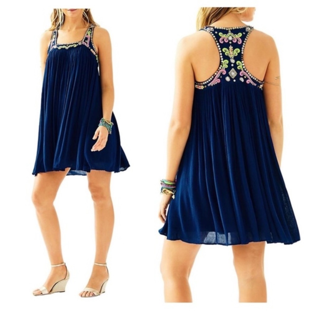 Lilly Pulitzer Navy Lorna Trapeze Beaded & Embroidered Swing Dress M